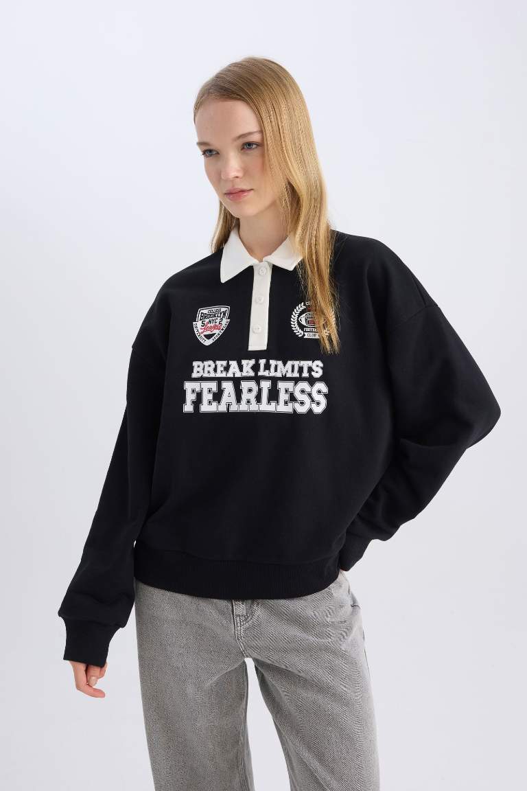 Coool Oversize Geniş Kalıp Polo Yaka Düğmeli Baskılı Siyah Sweatshirt