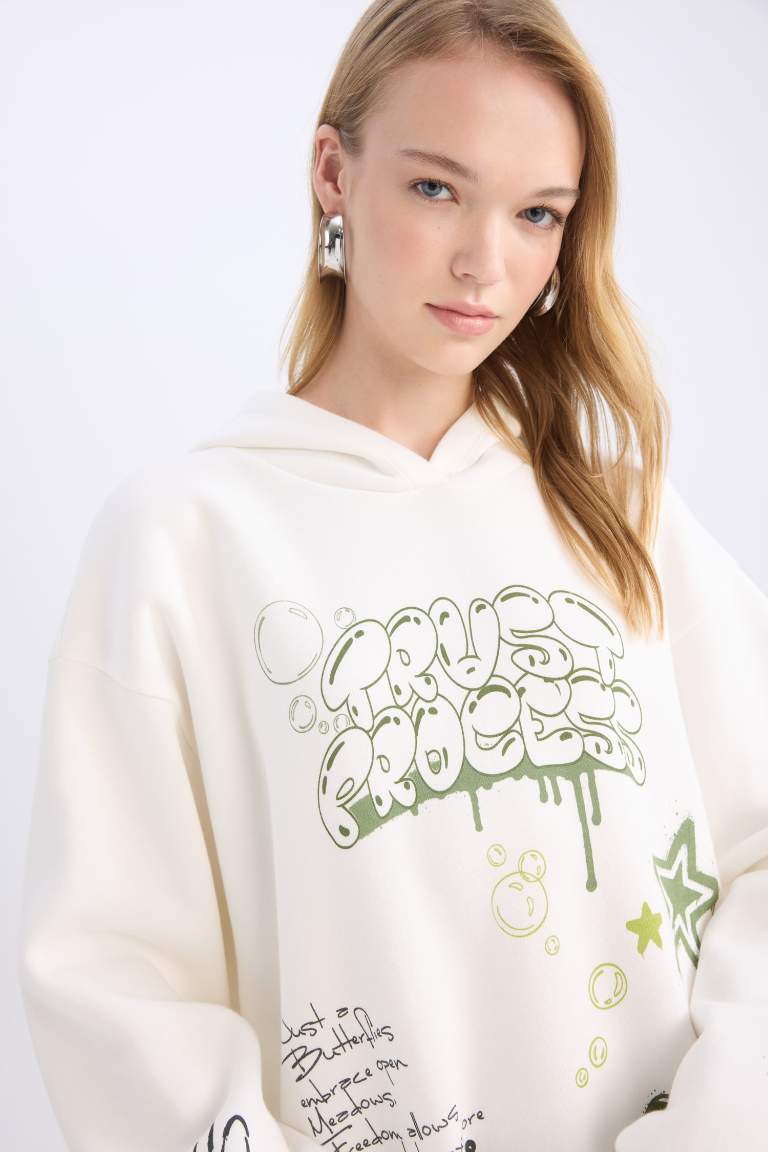 Oversize Fit Hooded Back Printed Thick Sweatshirt