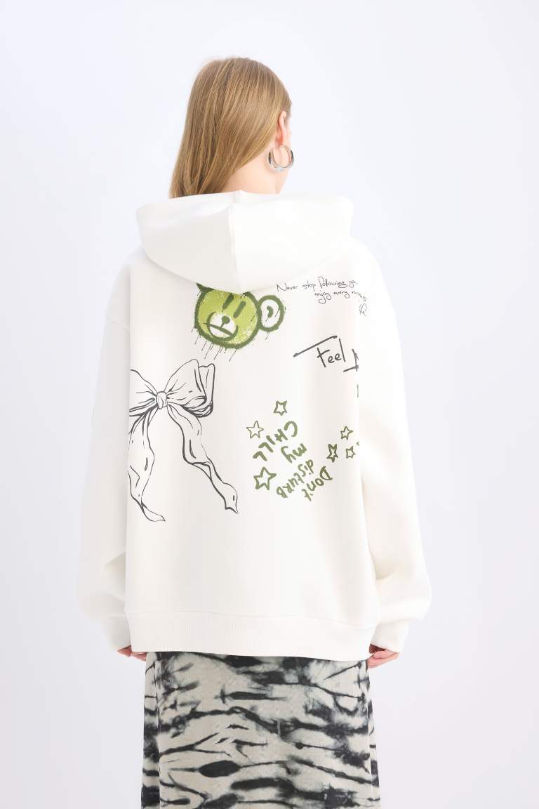 Oversize Fit Hooded Back Printed Thick Sweatshirt