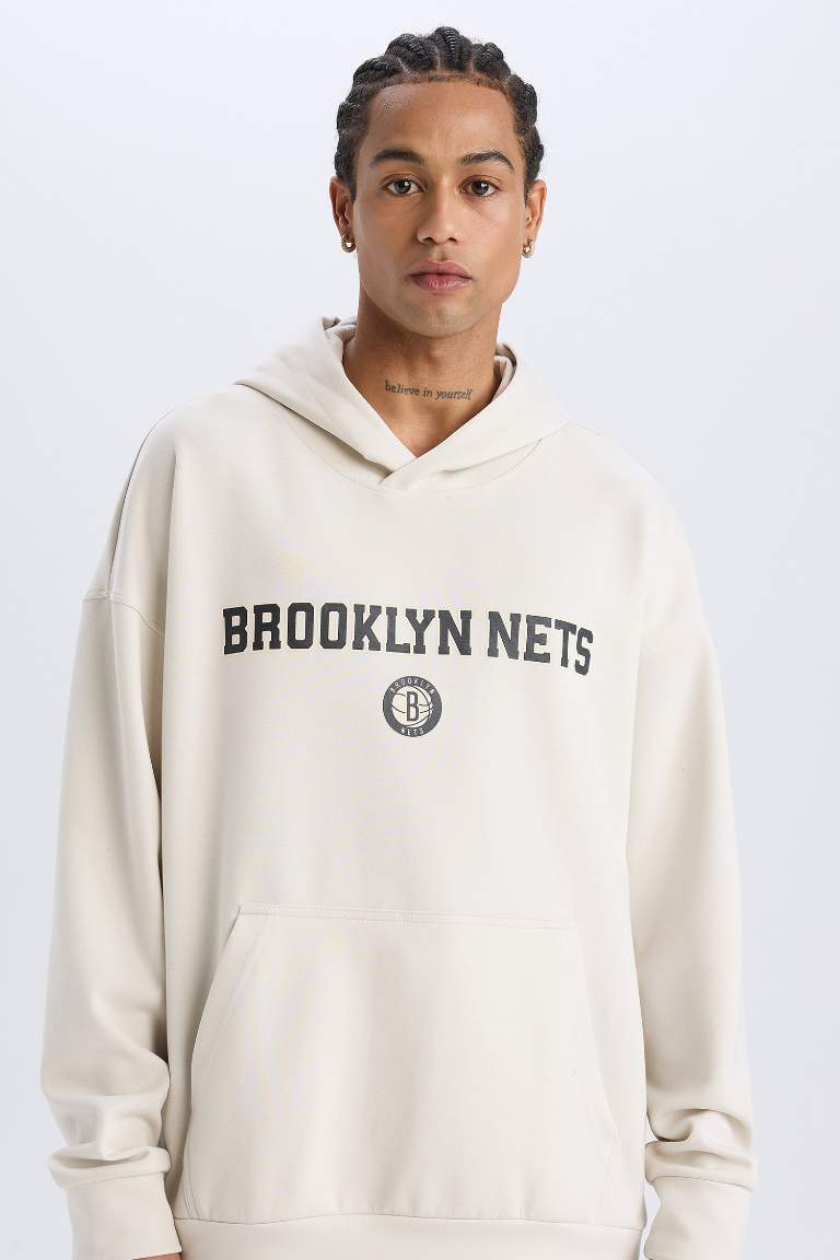 DeFactoFit NBA Brooklyn Nets Oversize Fit Hooded Scuba Fabric Sports Sweatshirt