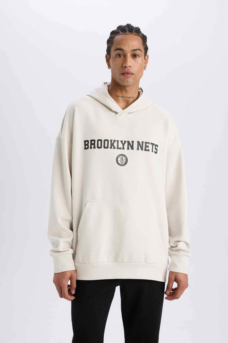 DeFactoFit NBA Brooklyn Nets Oversize Fit Hooded Scuba Fabric Sports Sweatshirt