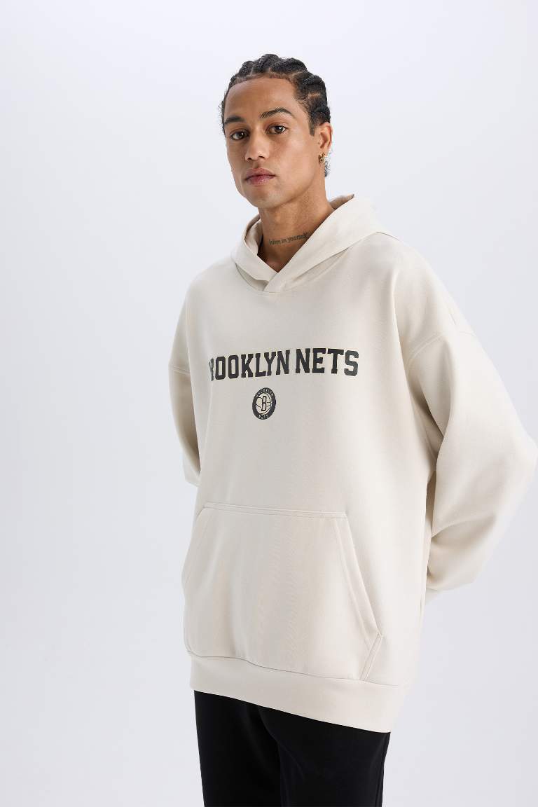 DeFactoFit NBA Brooklyn Nets Oversize Fit Hooded Scuba Fabric Sports Sweatshirt