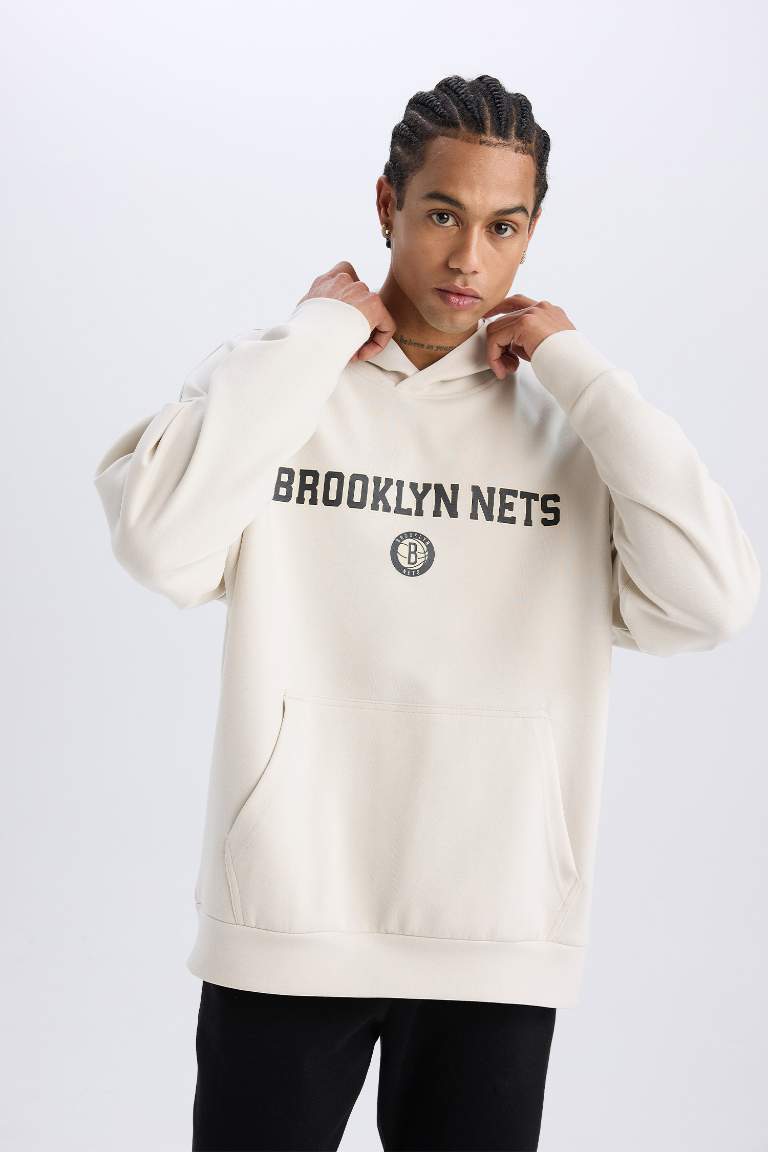 DeFactoFit NBA Brooklyn Nets Oversize Fit Hooded Scuba Fabric Sports Sweatshirt