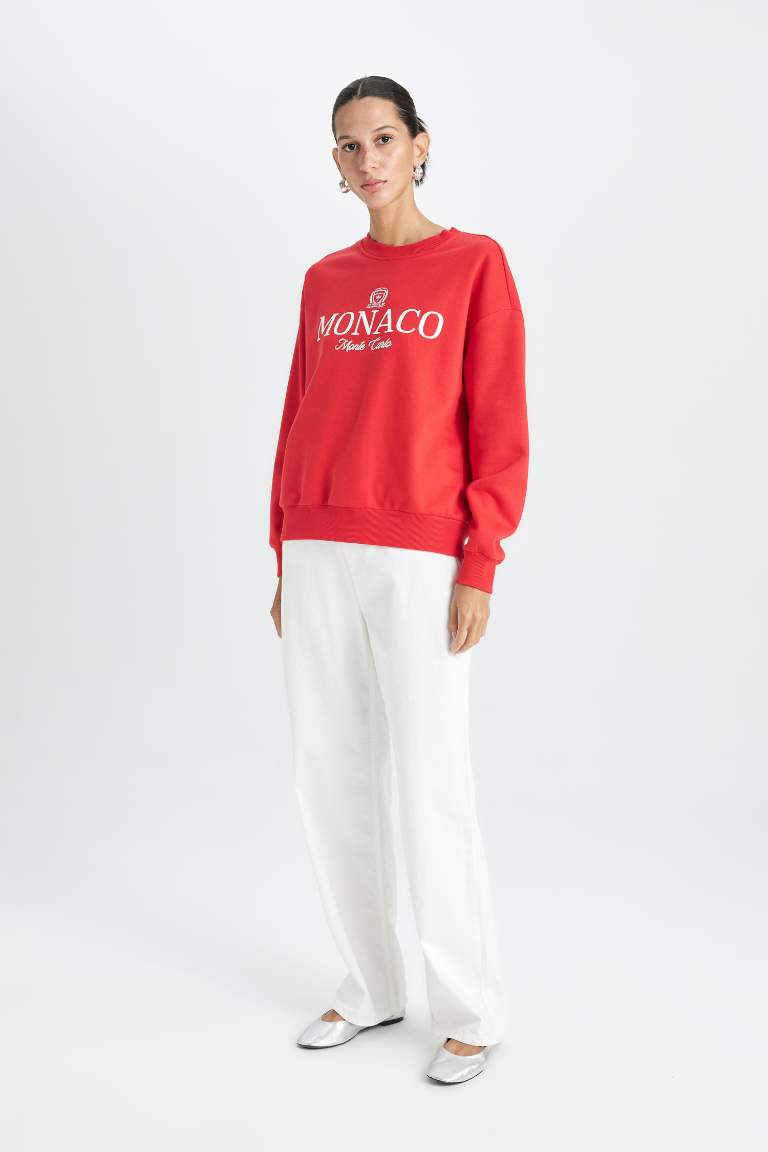 Relax Fit Crew Neck Printed Thick Red Sweatshirt