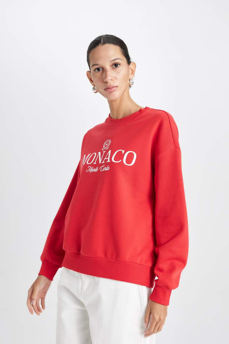 Relax Fit Crew Neck Printed Thick Red Sweatshirt