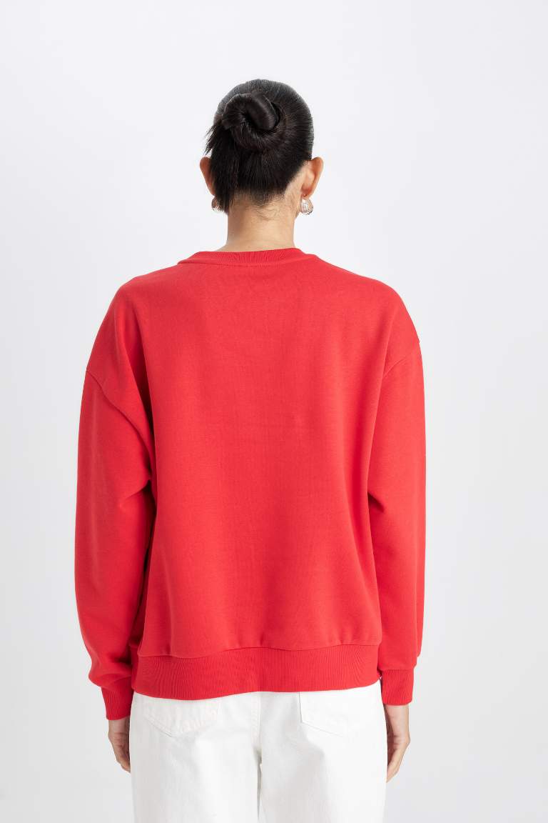 Relax Fit Crew Neck Printed Thick Red Sweatshirt