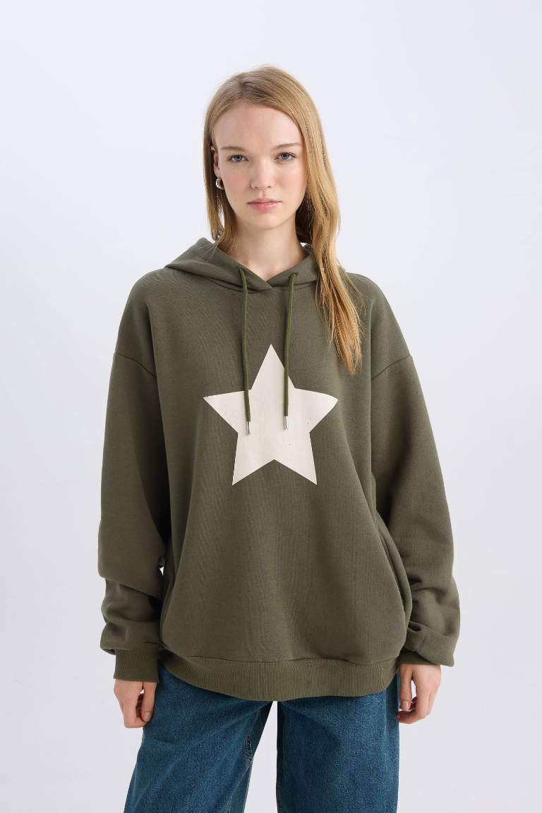 Coool Oversize Geniş Kalıp Kapüşonlu Sırt Baskılı Kalın Sweatshirt