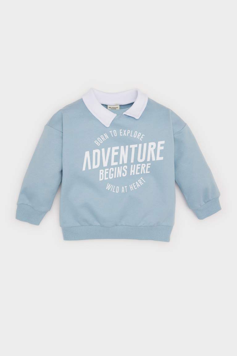 Erkek Bebek Gömlek Yaka Baskılı İçi Yumuşak Tüylü Sweatshirt