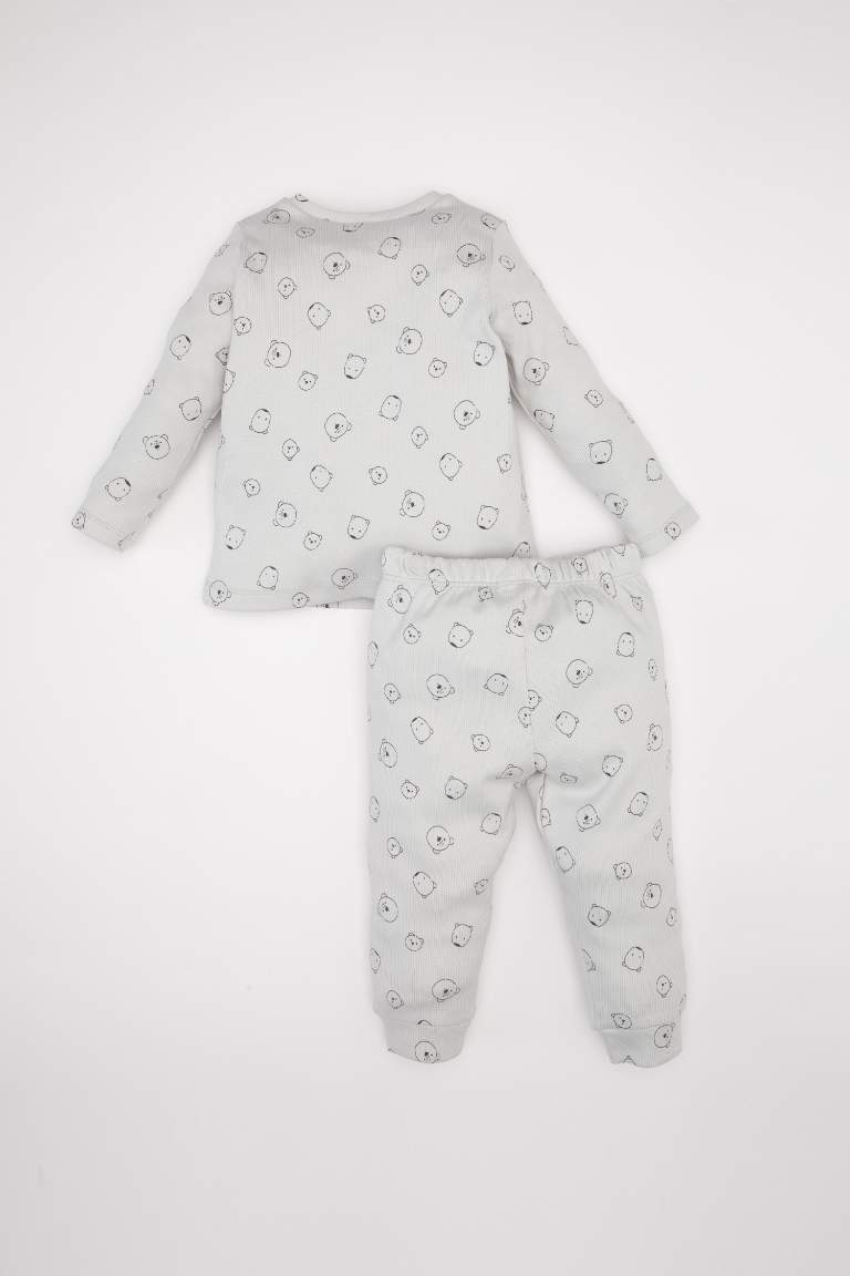 Erkek Bebek Pijama Takımı Ayı Desenli Uzun Kollu Fitilli Kaşkorse Üst Beli Lastikli Uzun Alt