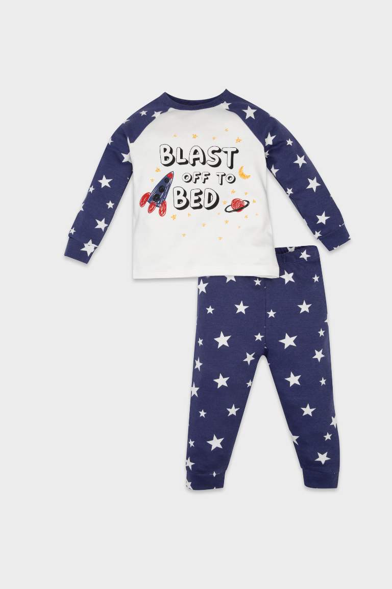 Erkek Bebek Pijama Takımı Yıldız Desenli Uzun Kollu Penye Üst Beli Lastikli Uzun Alt