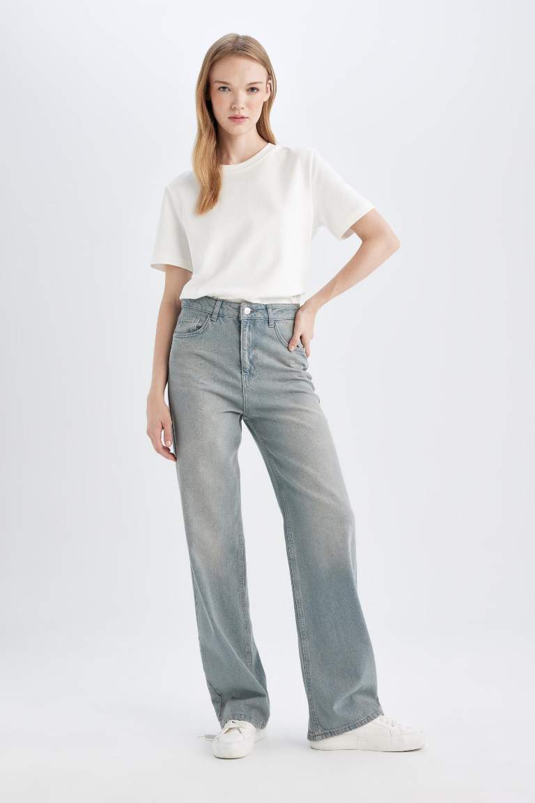 90's Wide Leg Yüksek Bel Uzun Jean Yıkamalı Pantolon