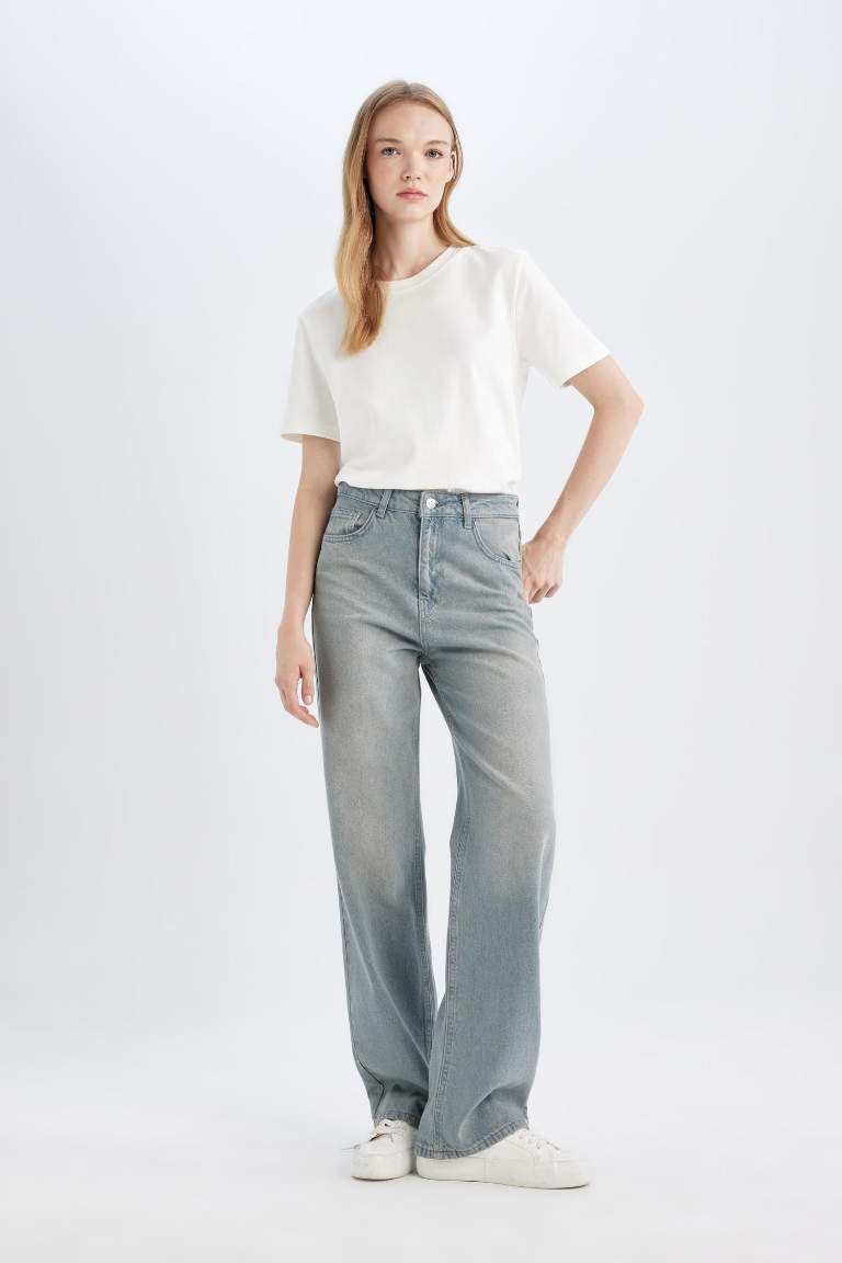 90's Wide Leg Yüksek Bel Uzun Jean Yıkamalı Pantolon