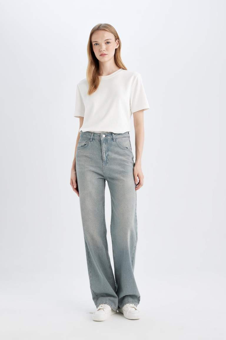 90's Wide Leg Yüksek Bel Uzun Jean Yıkamalı Pantolon