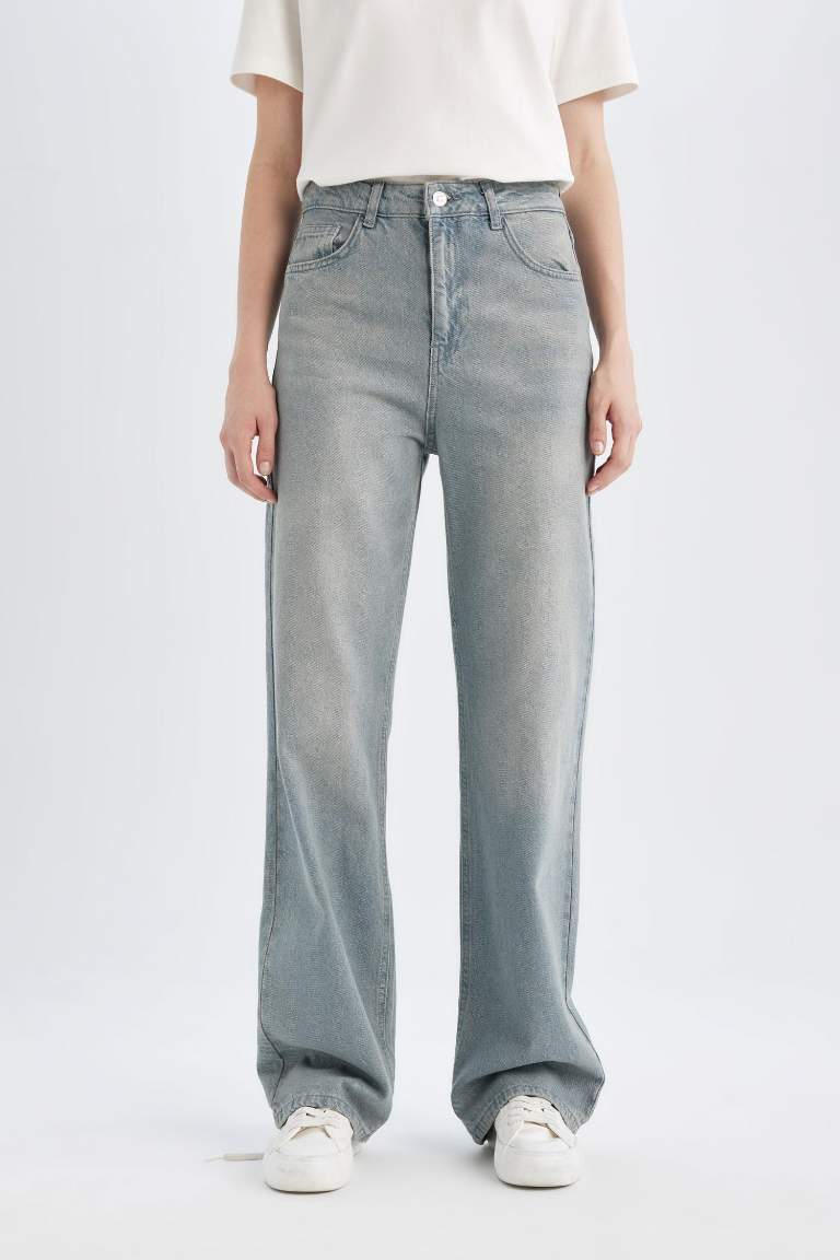 90's Wide Leg Yüksek Bel Uzun Jean Yıkamalı Pantolon