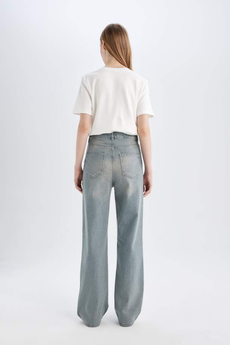 90's Wide Leg Yüksek Bel Uzun Jean Yıkamalı Pantolon