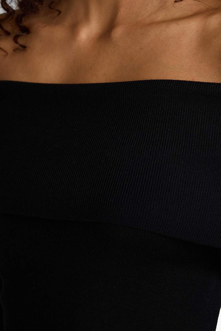 Fitted Açık Omuz Ribana Uzun Kollu Midi Elbise