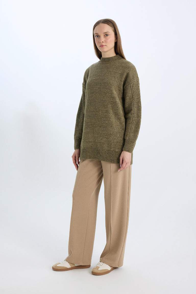 Relax Fit Beli Lastikli Basic Düz Krep Palazzo Pantolon