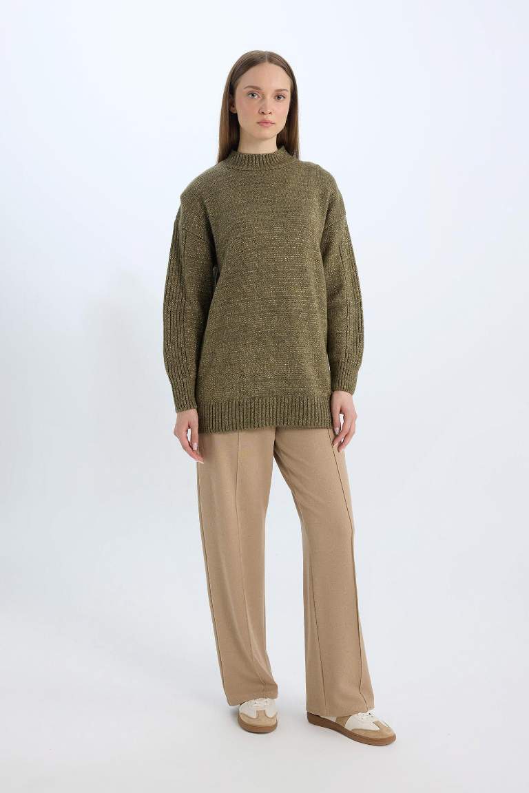 Relax Fit Beli Lastikli Basic Düz Krep Palazzo Pantolon