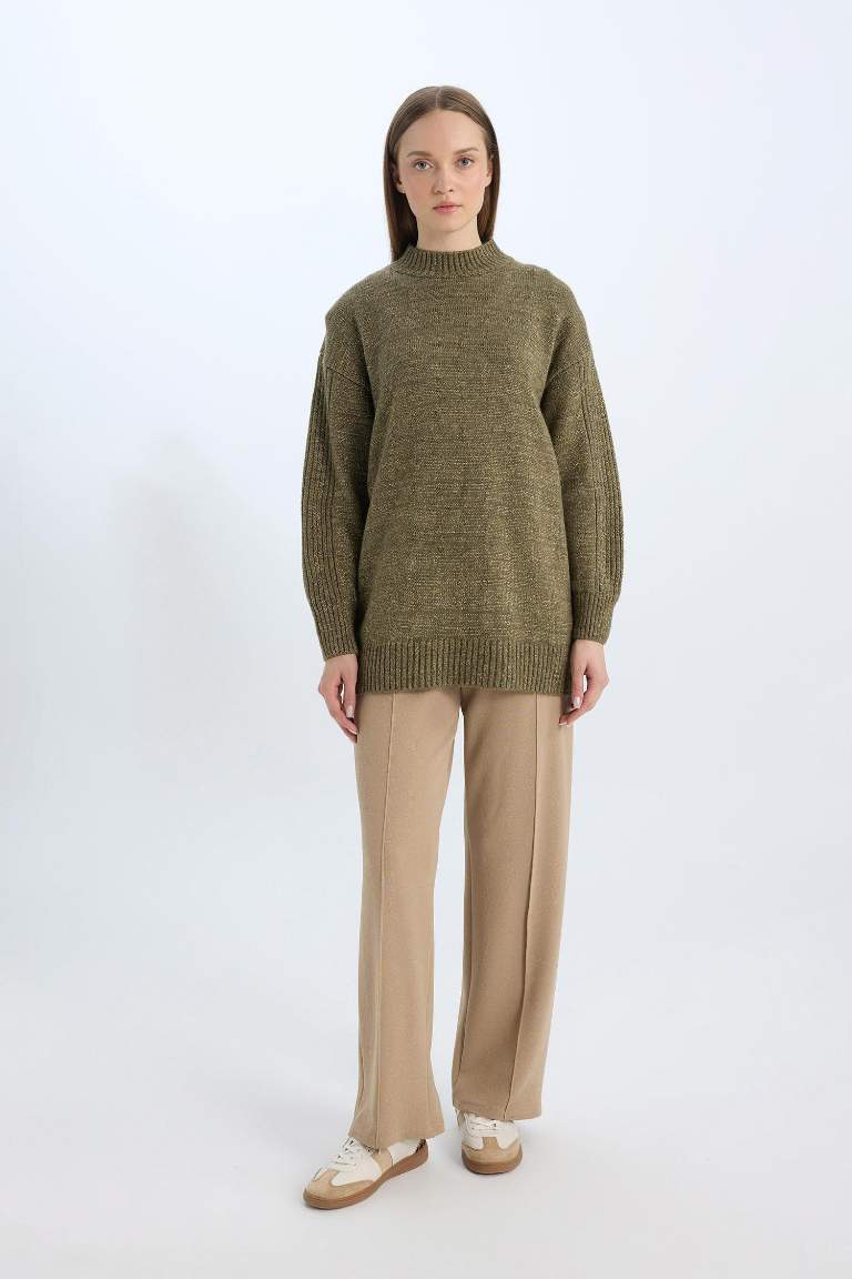 Relax Fit Beli Lastikli Basic Düz Krep Palazzo Pantolon