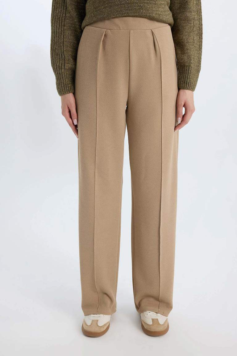 Relax Fit Beli Lastikli Basic Düz Krep Palazzo Pantolon