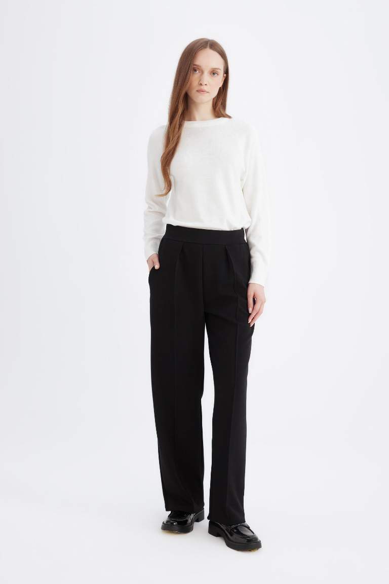 Relax Fit Beli Lastikli Basic Düz Krep Pantolon
