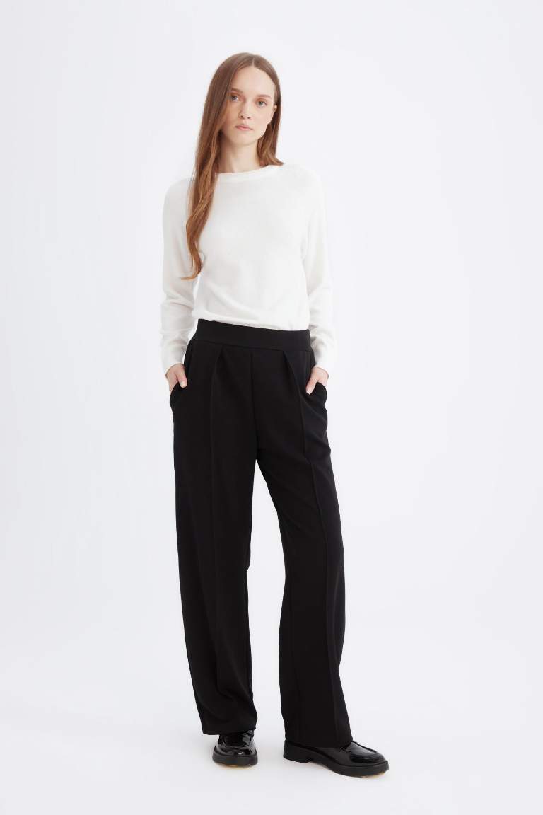 Relax Fit Beli Lastikli Basic Düz Krep Pantolon