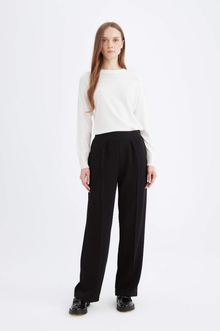 Relax Fit Beli Lastikli Basic Düz Krep Pantolon