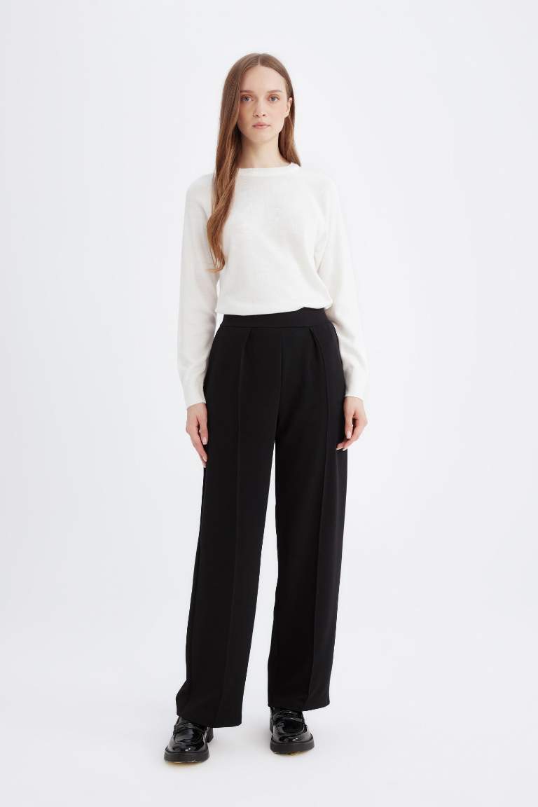 Relax Fit Beli Lastikli Basic Düz Krep Pantolon