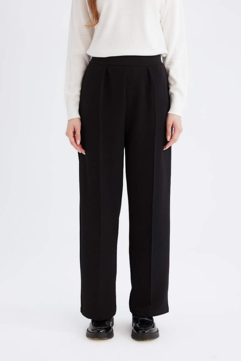 Relax Fit Beli Lastikli Basic Düz Krep Pantolon