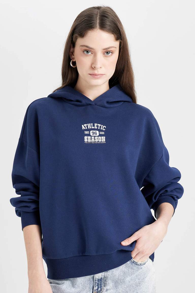 Navy Blue Oversize Fit Hooded Printed Sweatshirt