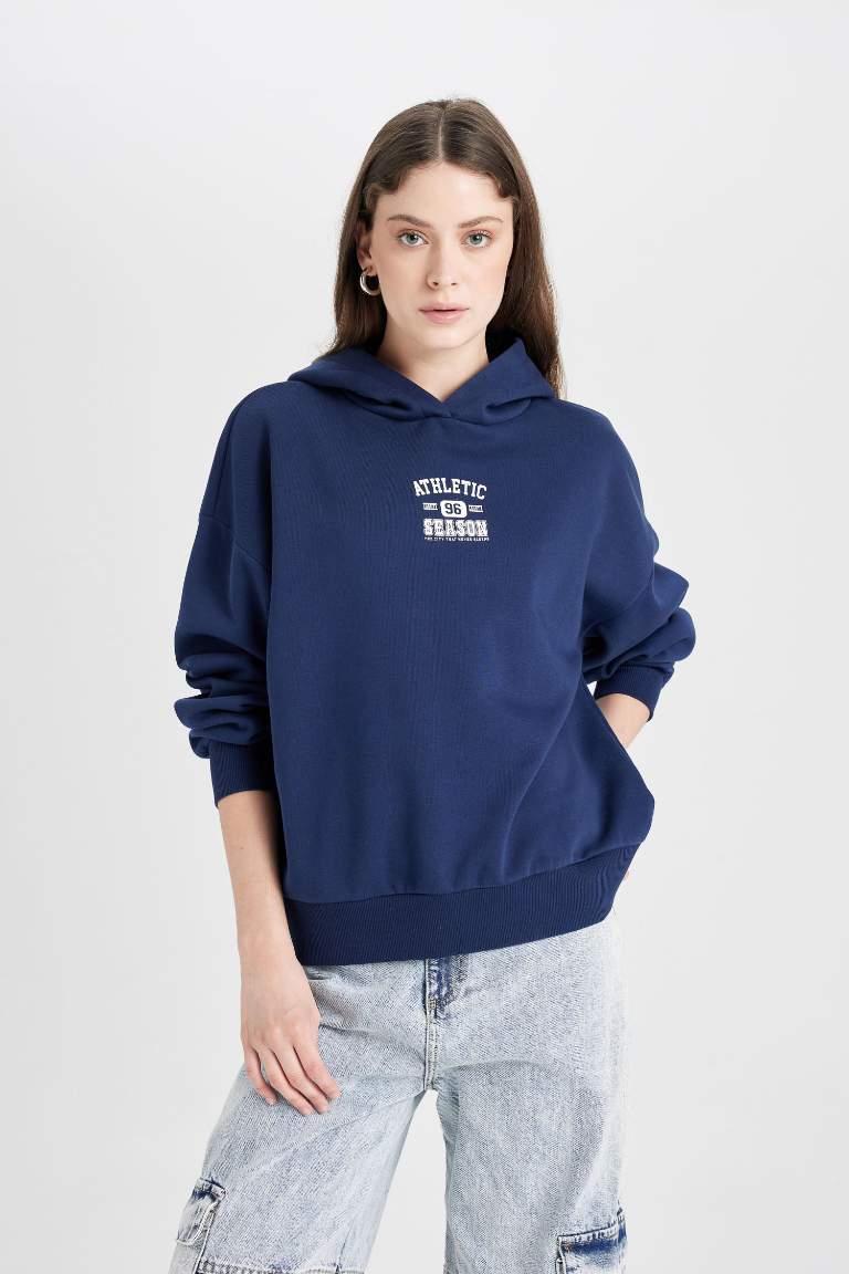 Navy Blue Oversize Fit Hooded Printed Sweatshirt