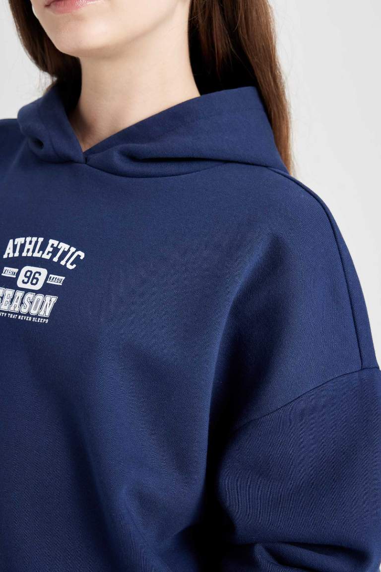 Navy Blue Oversize Fit Hooded Printed Sweatshirt