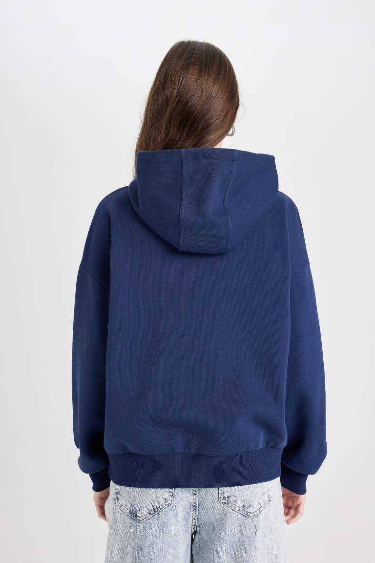 Navy Blue Oversize Fit Hooded Printed Sweatshirt