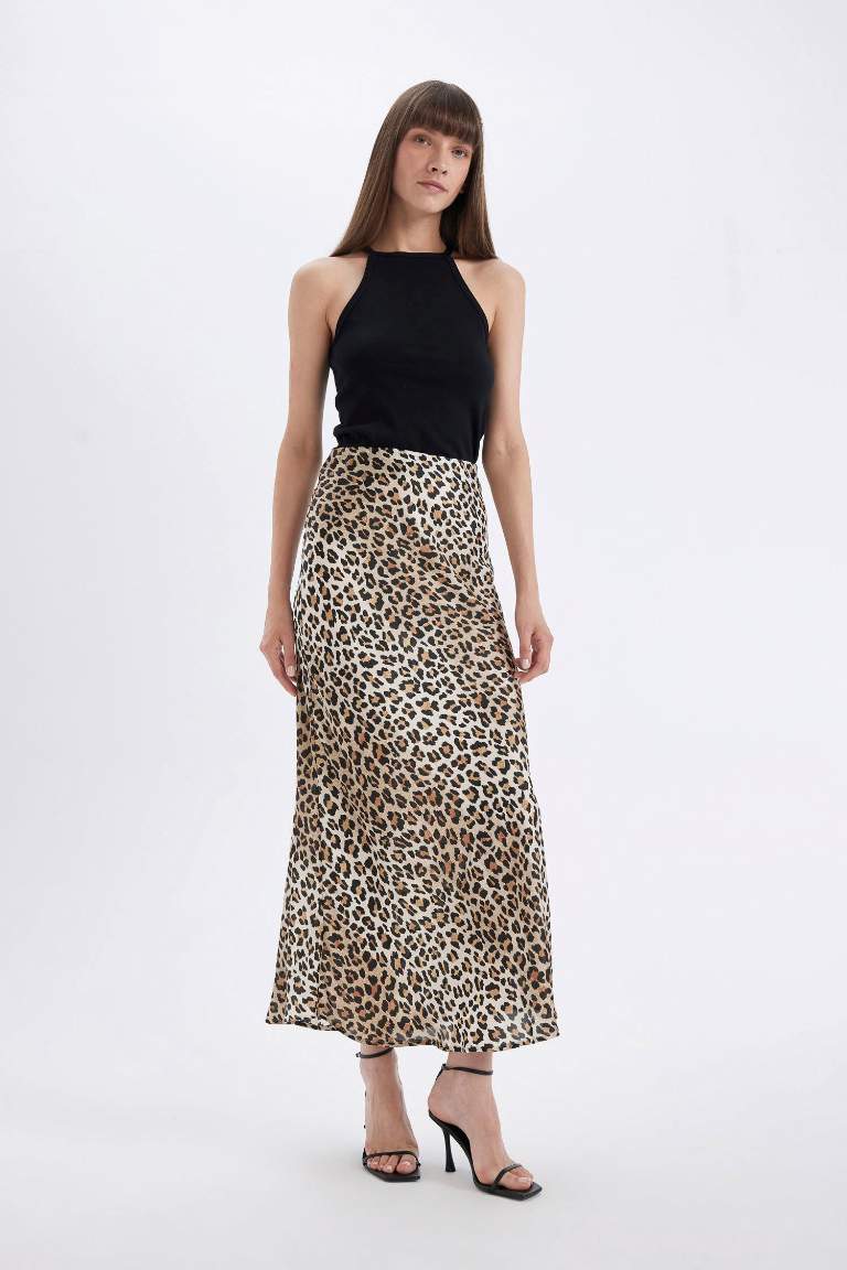 Straight Fit Normal Bel Leopar Desenli Saten Maxi Etek