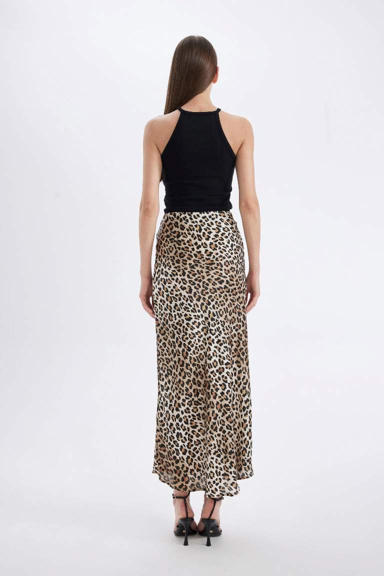 Straight Fit Normal Bel Leopar Desenli Saten Maxi Etek