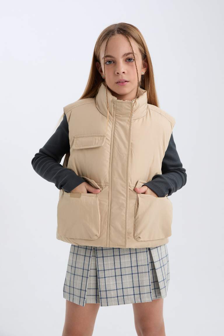 Girl Stand Collar Zippered Waterproof Puffer Vest