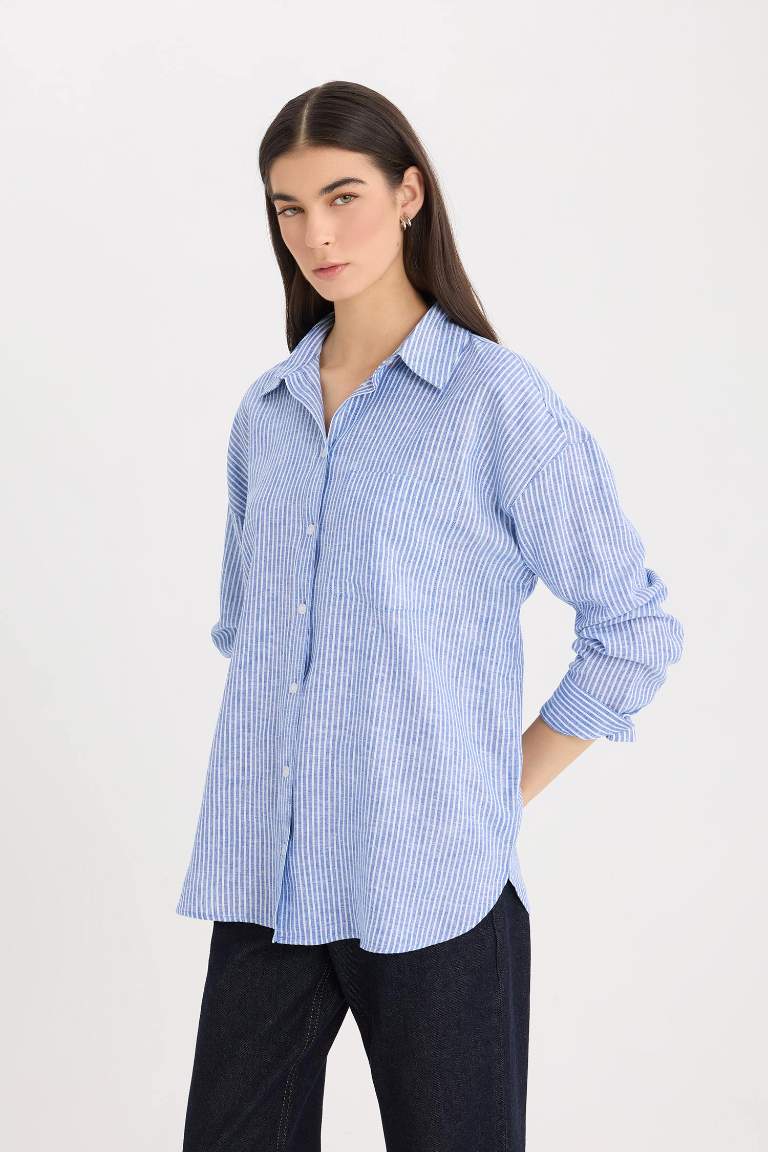 Oversize Fit Shirt Collar Linen Blend Long Sleeve Shirt