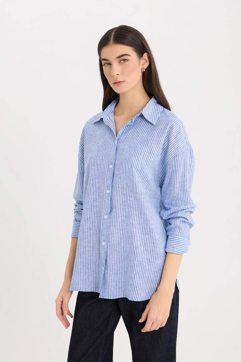 Oversize Fit Shirt Collar Linen Blend Long Sleeve Shirt