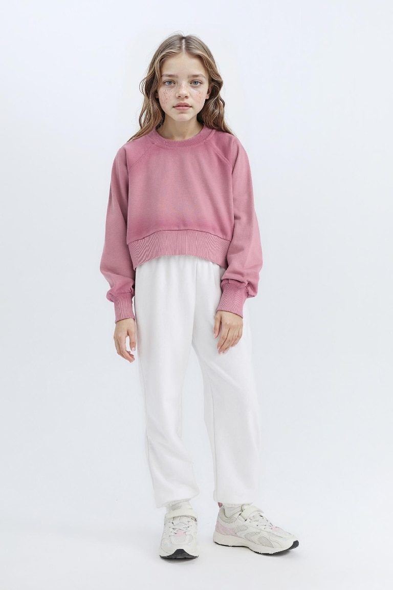 Kız Çocuk Relax Fit Bisiklet Yaka Crop Basic Düz Sweatshirt