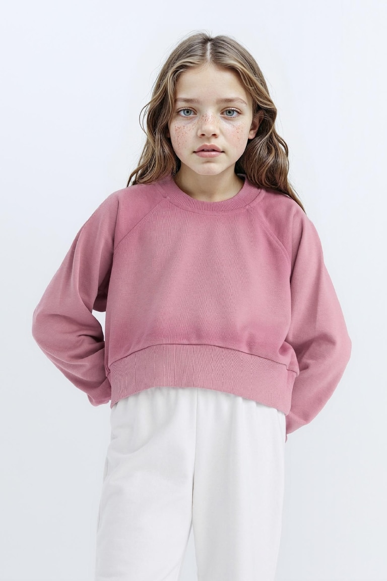 Kız Çocuk Relax Fit Bisiklet Yaka Crop Basic Düz Sweatshirt