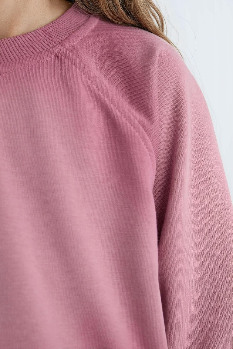 Kız Çocuk Relax Fit Bisiklet Yaka Crop Basic Düz Sweatshirt