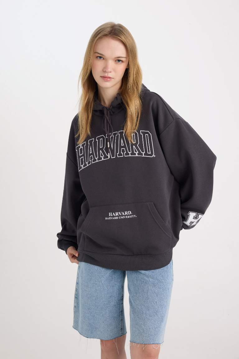 Harvard University Oversize Fit Hooded Pocket Thick Sweatshirt