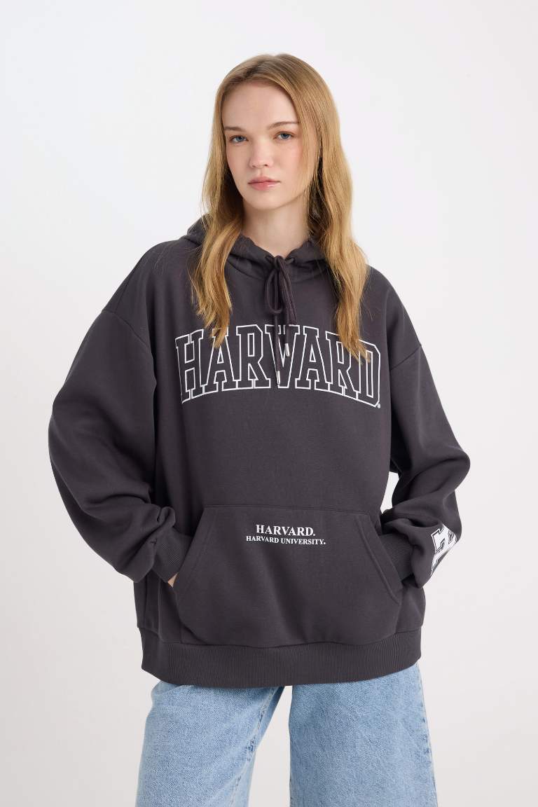 Harvard University Oversize Fit Hooded Pocket Thick Sweatshirt