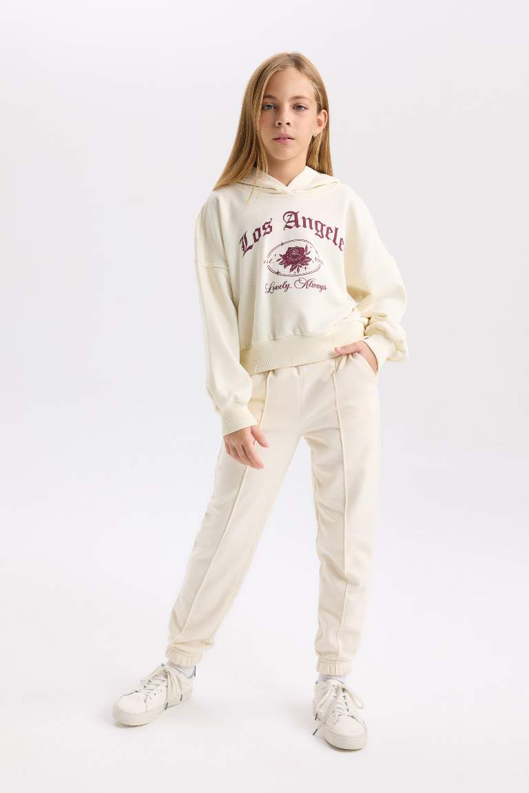 Girl Ecru Oversized Fit Hooded Printed Sweatshirt