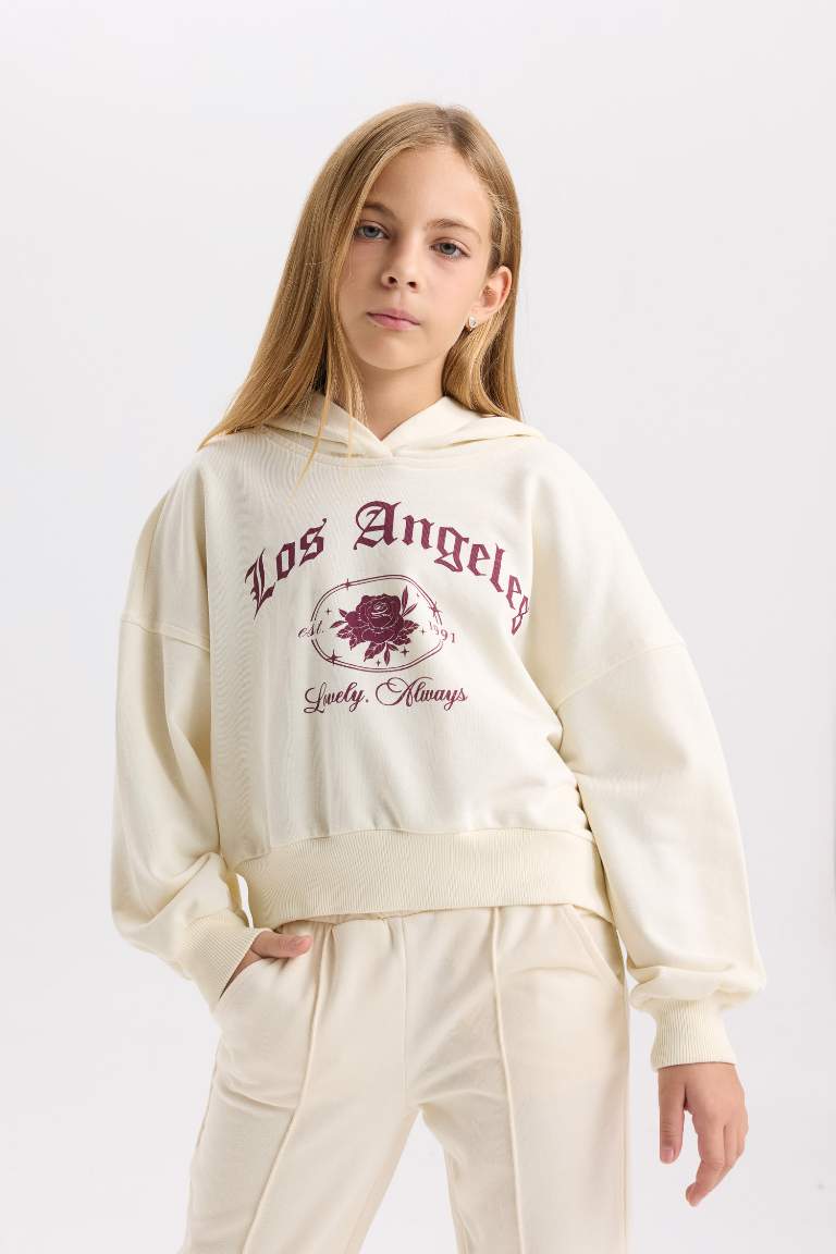 Girl Ecru Oversized Fit Hooded Printed Sweatshirt