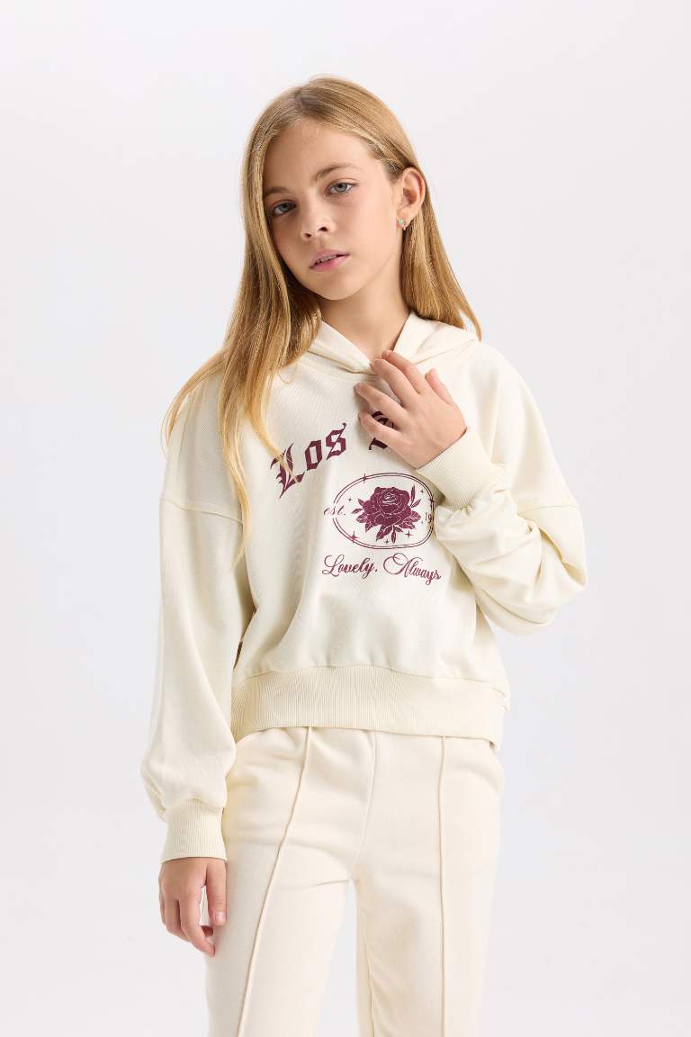 Girl Ecru Oversized Fit Hooded Printed Sweatshirt