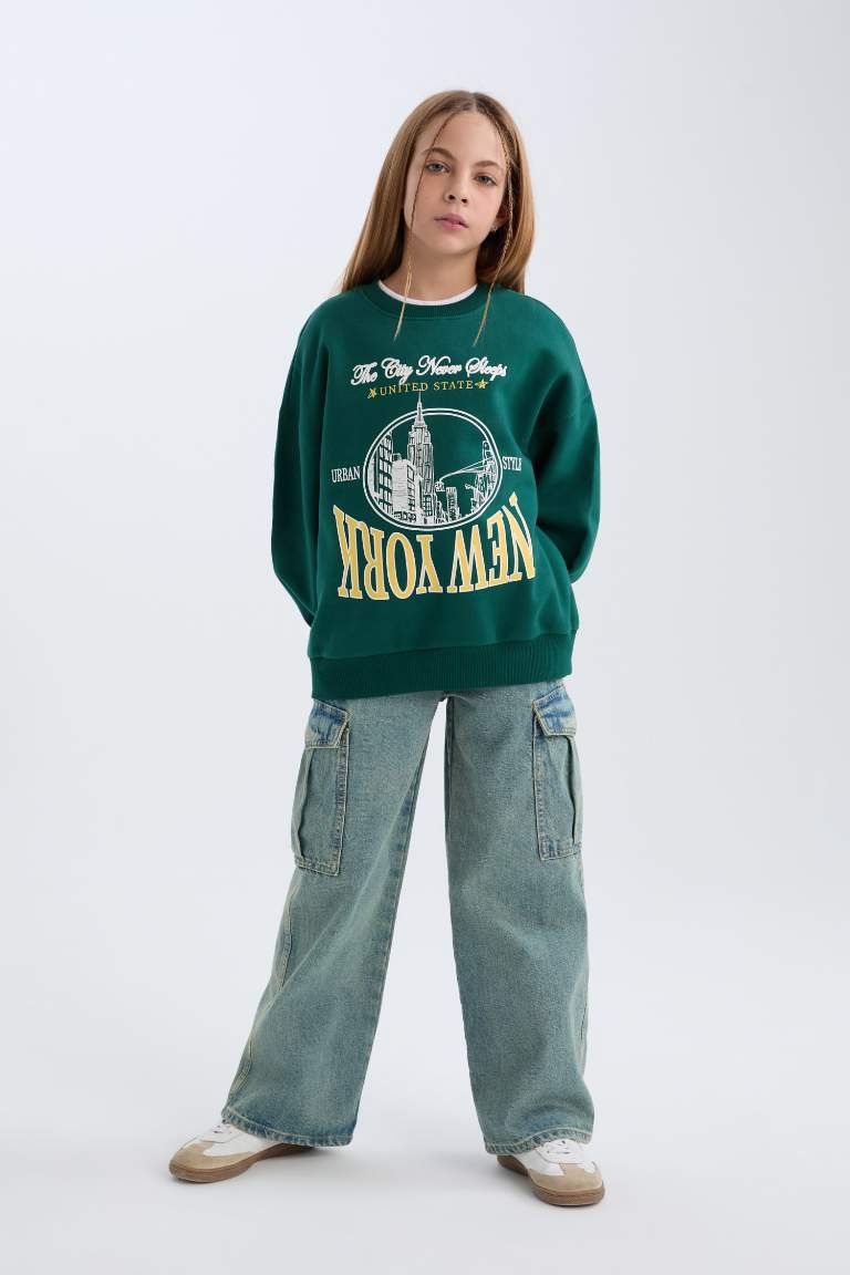 Girl Oversize Fit Crew Neck University Printed Sweatshirt