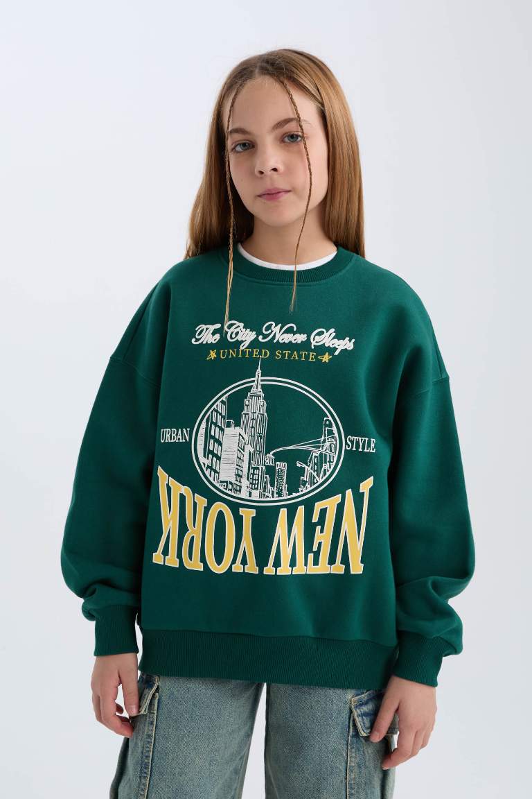 Girl Oversize Fit Crew Neck University Printed Sweatshirt