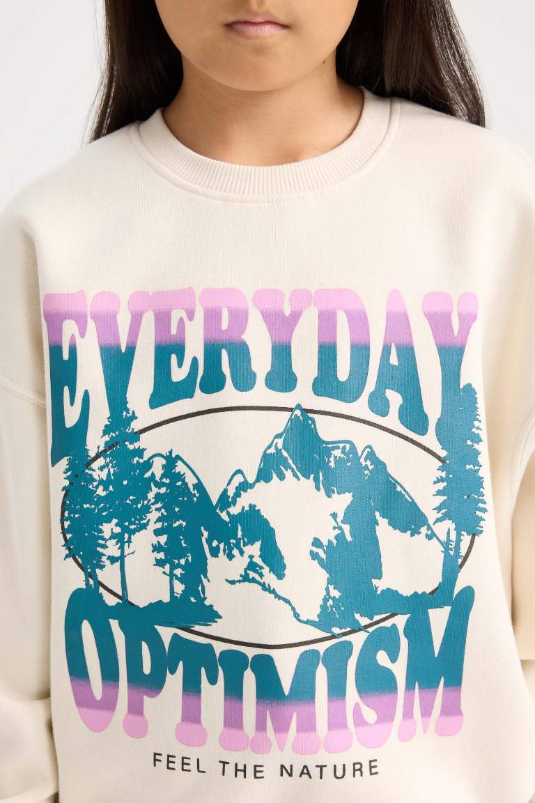 Girl Relax Fit Crew Neck Slogan Printed Sweatshirt