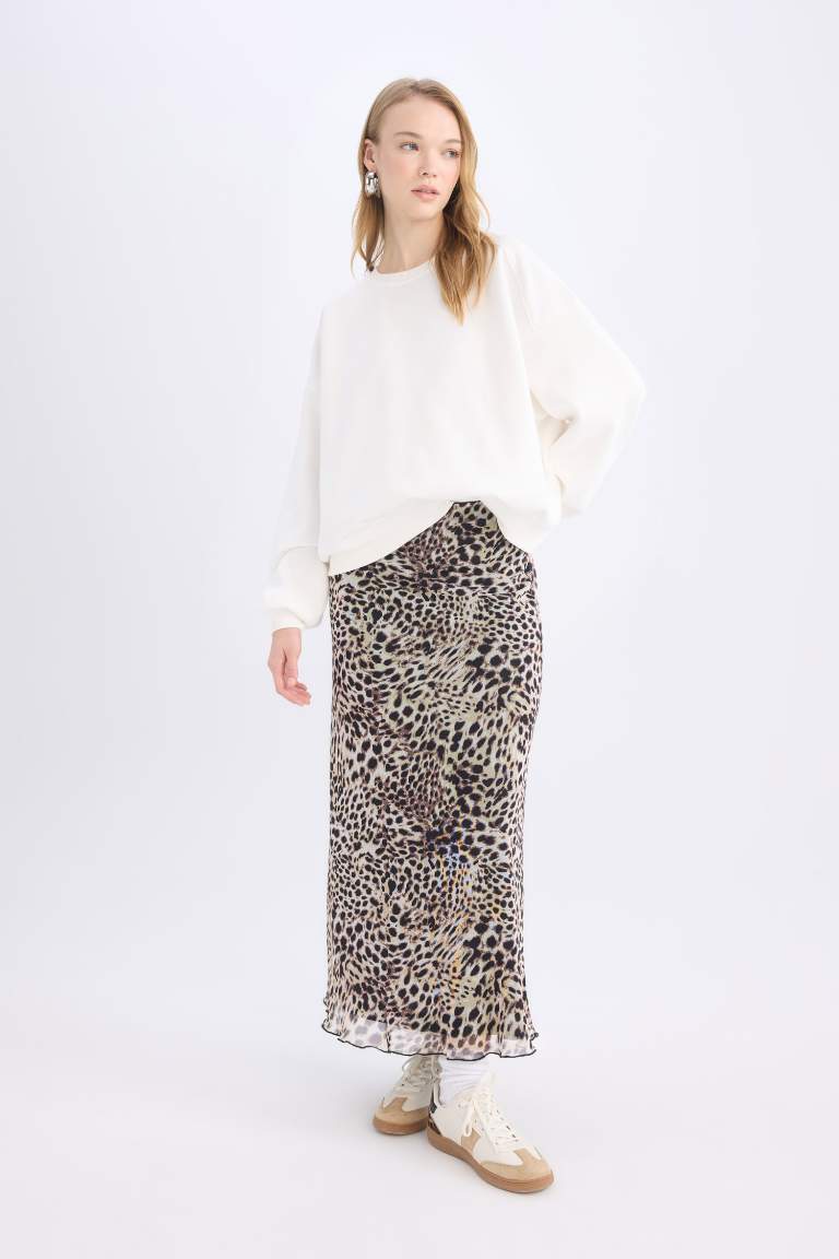 A Cut Patterned High Waist Cotton Lining Tulle Maxi Skirt